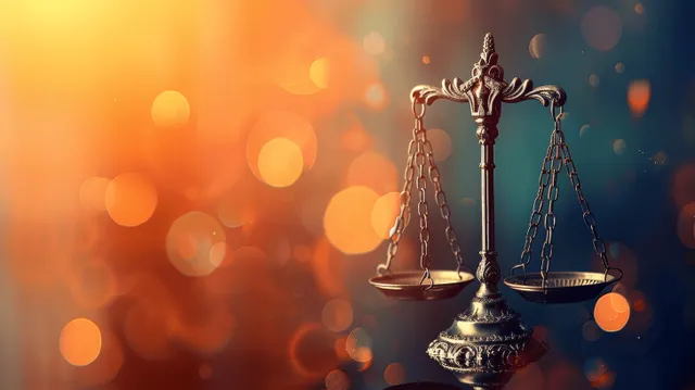 Golden justice scales with chains rest in front of warm orange bokeh lights.