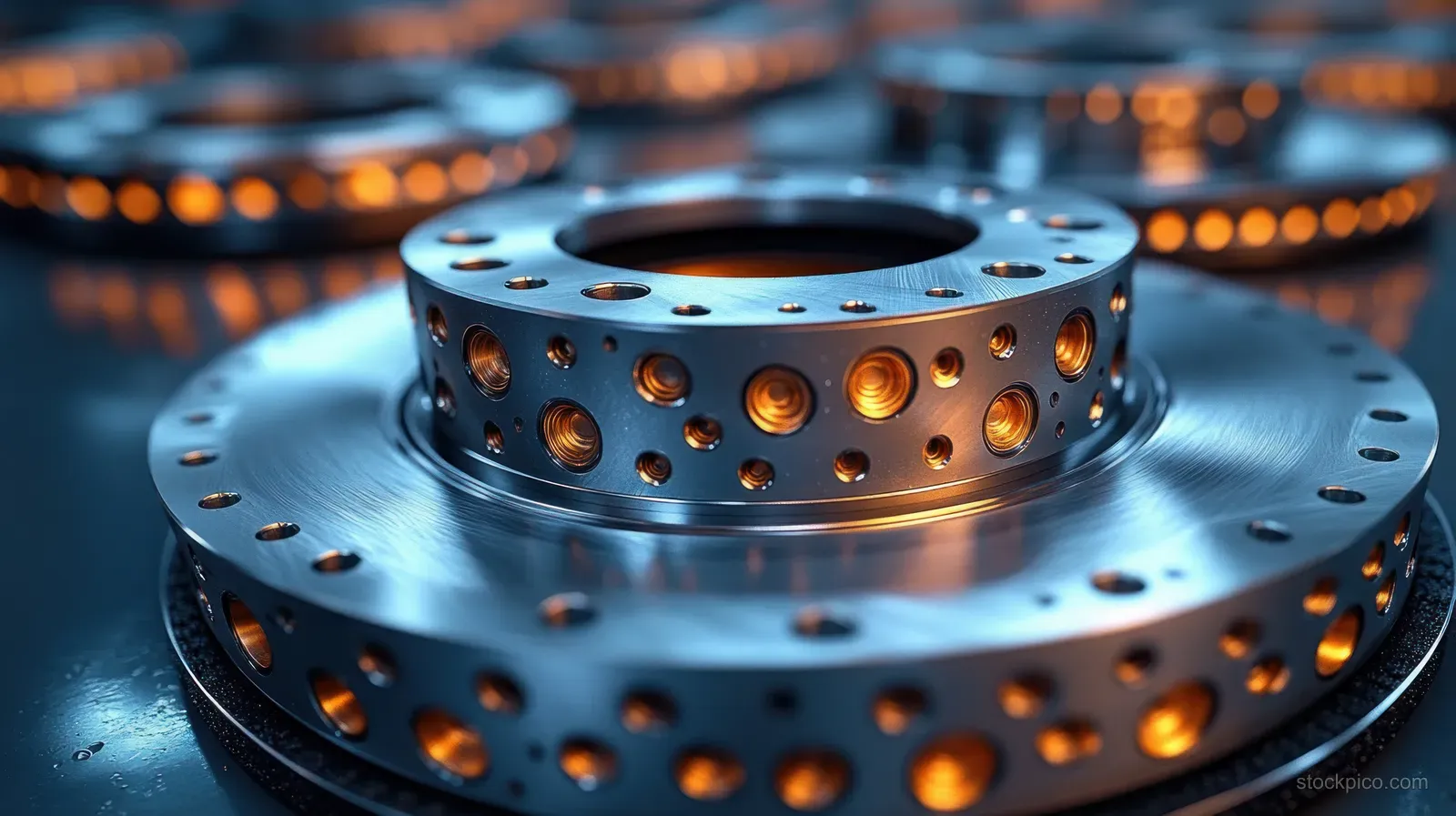 Stacked brake rotor discs with drilled holes rest on a wet blue workshop surface with glowing reflections.