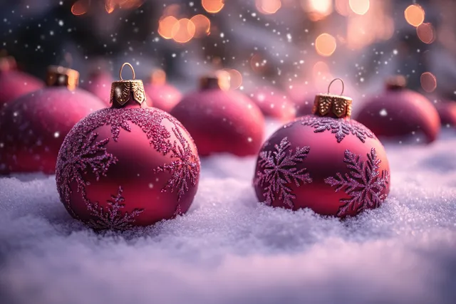 Two red Christmas ornaments with snowflake patterns lie on snowy ground with soft lavender bokeh lights behind them.