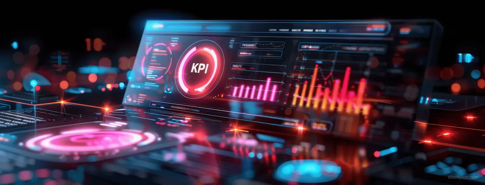 Holographic KPI dashboard displays glowing bar charts, revenue indicators, and red grid elements on a dark background.