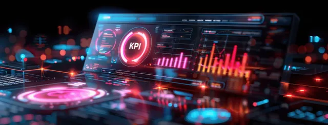 Holographic KPI dashboard glowing on dark business background with glowing chart bars and arrows