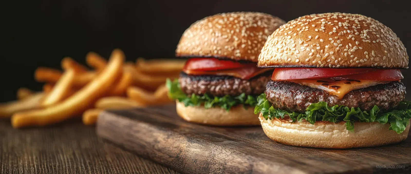 Two cheeseburgers with lettuce and tomato on sesame buns sit on rustic wood next to a small pile of golden fries.