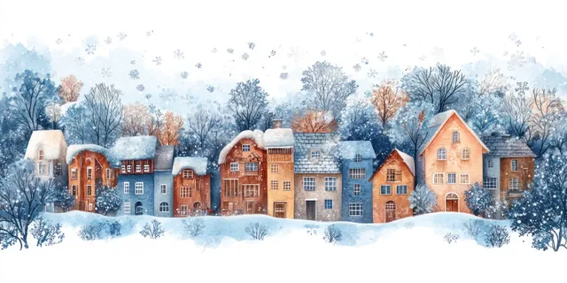 Whimsical winter village watercolor houses with falling snow and bare trees