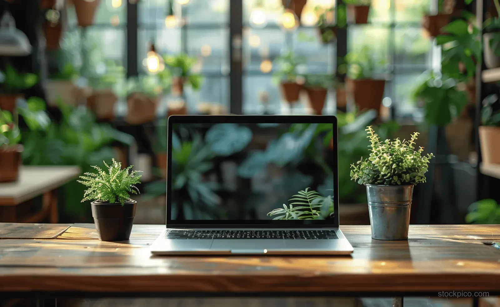 Laptop on a wooden desk surrounded by potted plants in a bright indoor garden setting.