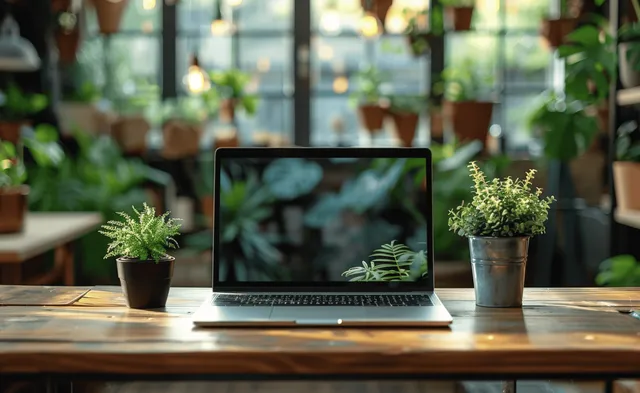 Laptop on a wooden desk surrounded by potted plants in a bright indoor garden setting.