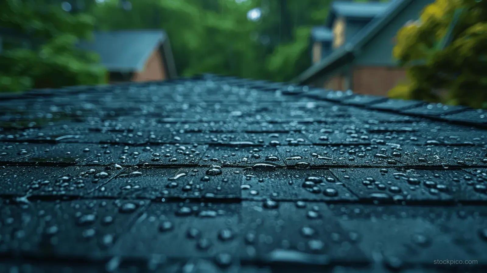Black asphalt shingles on a roof show hail pitting and water droplets during storm damage inspection.