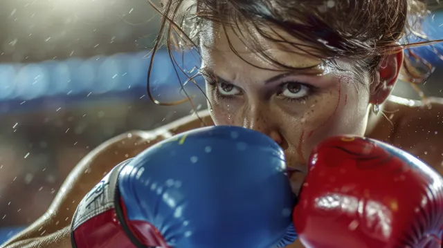 Female boxer throws a punch in a ring, with red and blue gloves and blurred ropes behind.