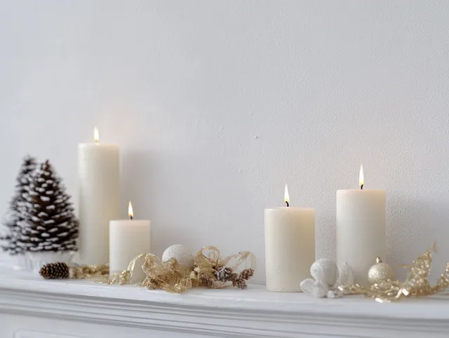 Minimal Scandinavian holiday candles on white mantel with pinecone and soft golden glow