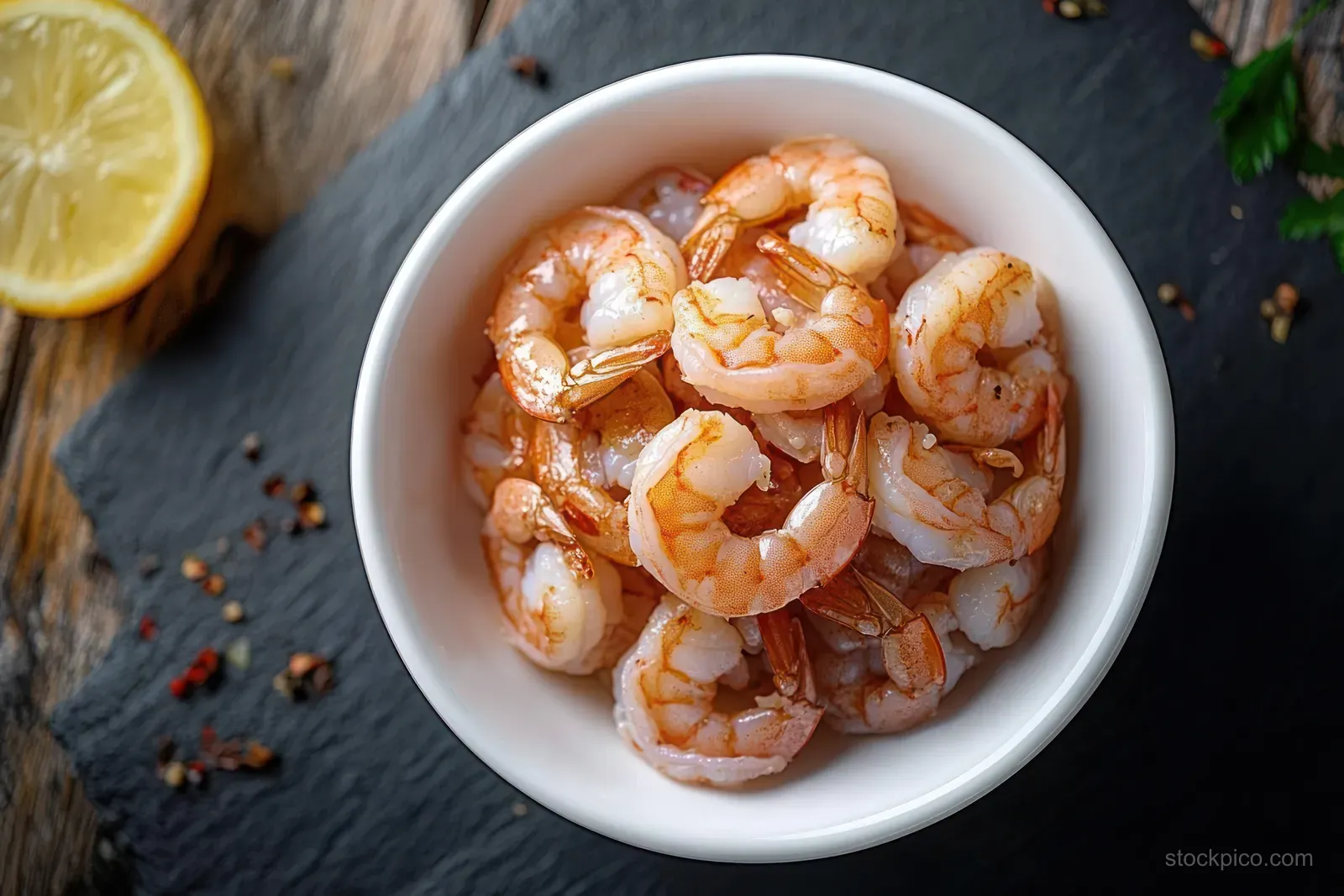 Cooked shrimp in a white bowl on dark slate with lemon slice and scattered peppercorns on a wooden table.