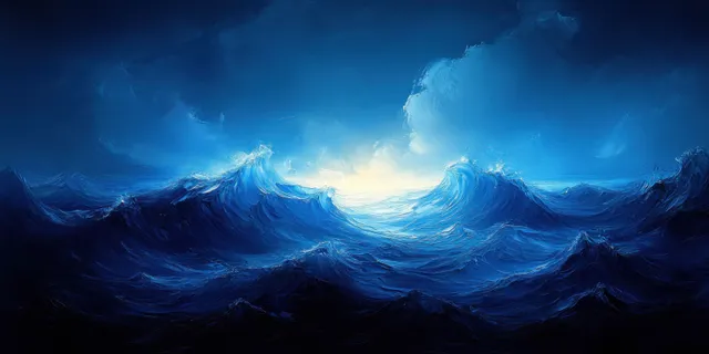Deep blue and aqua wave crest sweep across a textured misty ocean background
