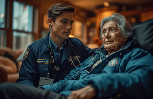 A male nurse sits beside an elderly woman in a cozy living room, listening and checking her health.