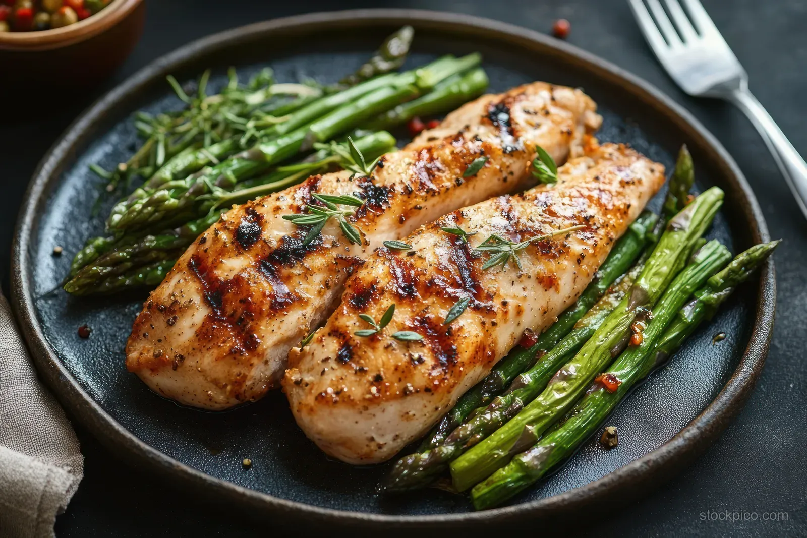 Grilled herb-seasoned chicken breasts with roasted asparagus on a black plate and thyme garnish.