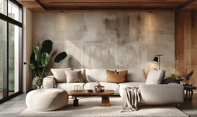 Cream sofa and armchair in a cozy living room with beige concrete wall, wooden paneling, coffee table, and green plant.