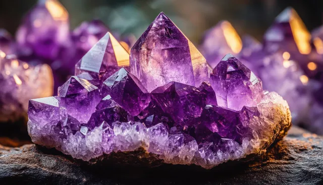 Purple amethyst crystal cluster sits on dark rock while soft bokeh lights blur in the background.