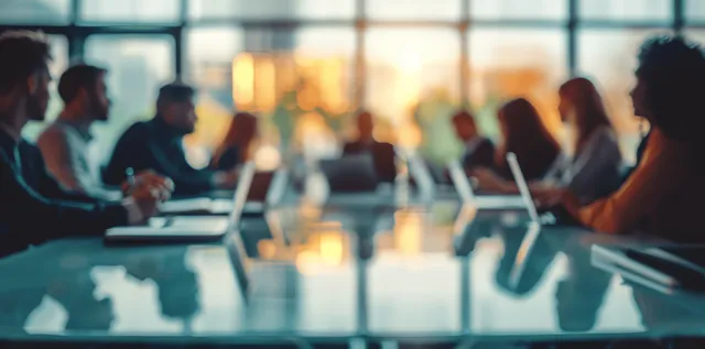 Blurred coworkers meet around a conference table, using laptops and tablets during a business training discussion.