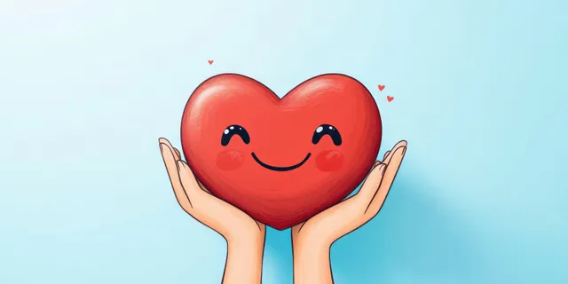 Smiling red heart cradled in two hands with soft blue background for care