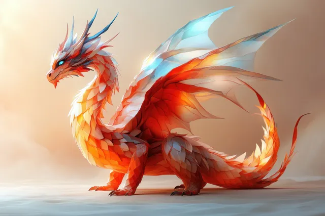 Geometric stylized dragon illustration with pastel feathers and dynamic rim lighting