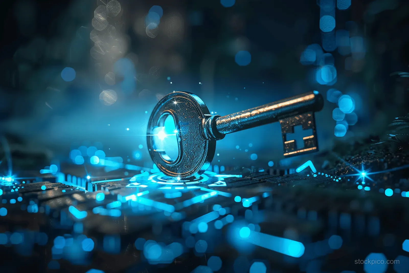 A glowing metal key sits amid floating digital data and cyber security lock icons on a blue circuit background.