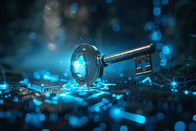 Glowing key over digital data with cyber security lock icons on blue circuit background with Access Control