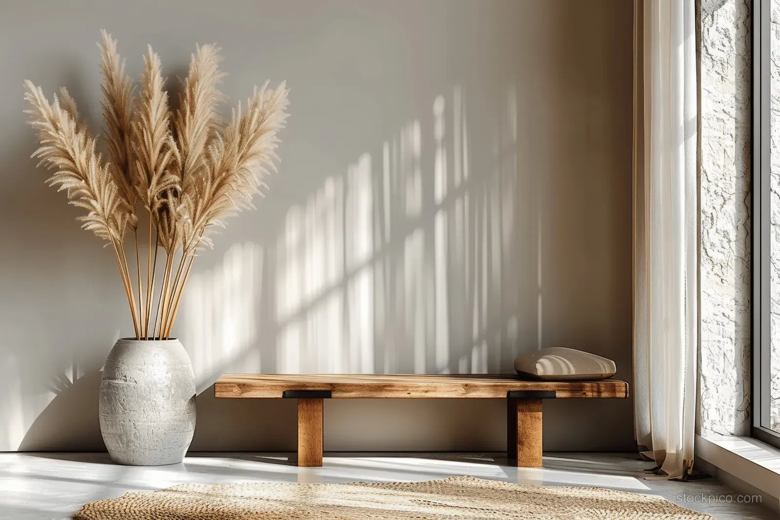 Minimalist living room corner with a wooden bench, pampas grass in a vase, and sunlight shadows from a window.
