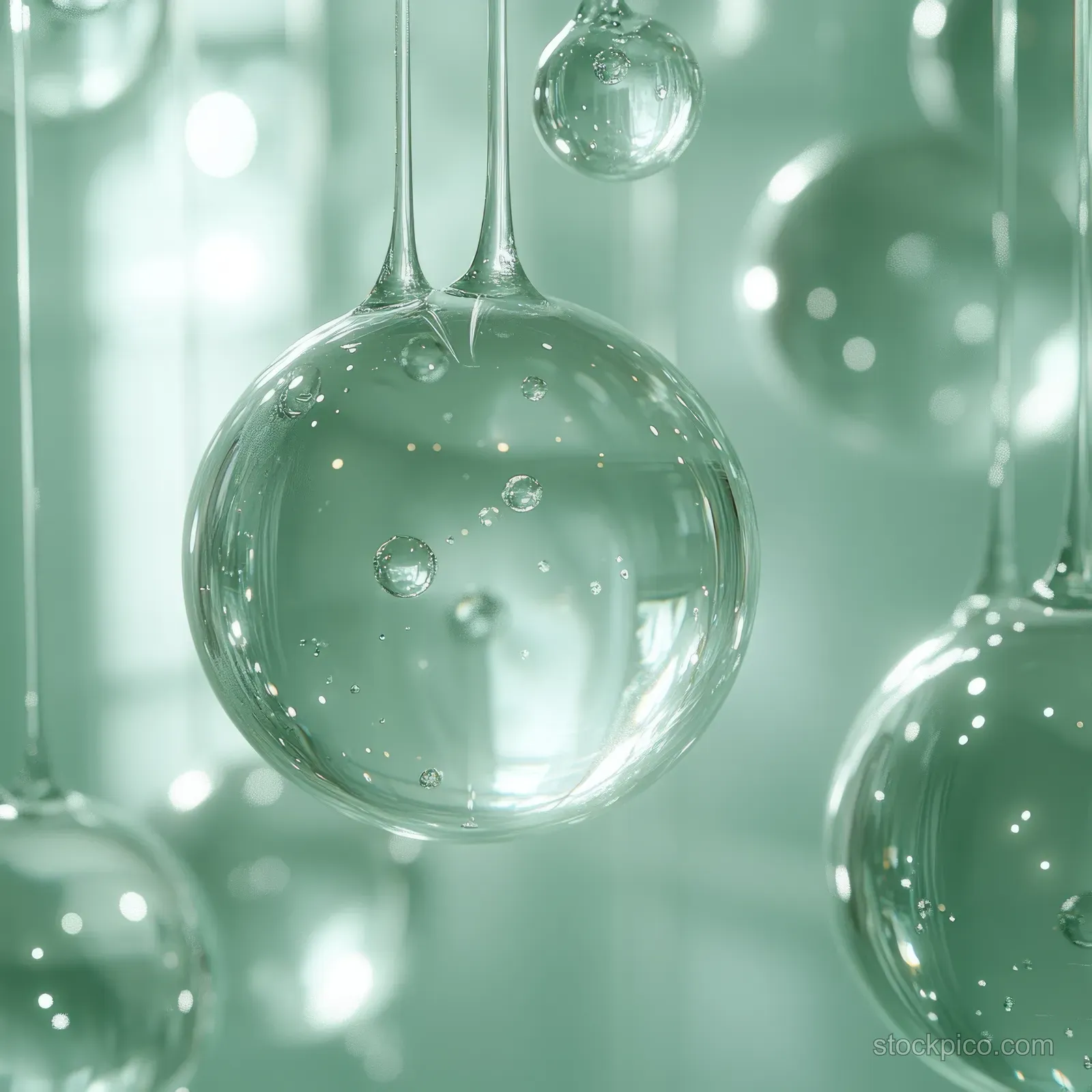 Transparent green glass bubbles float in soft light with gentle reflections and a misty studio background.