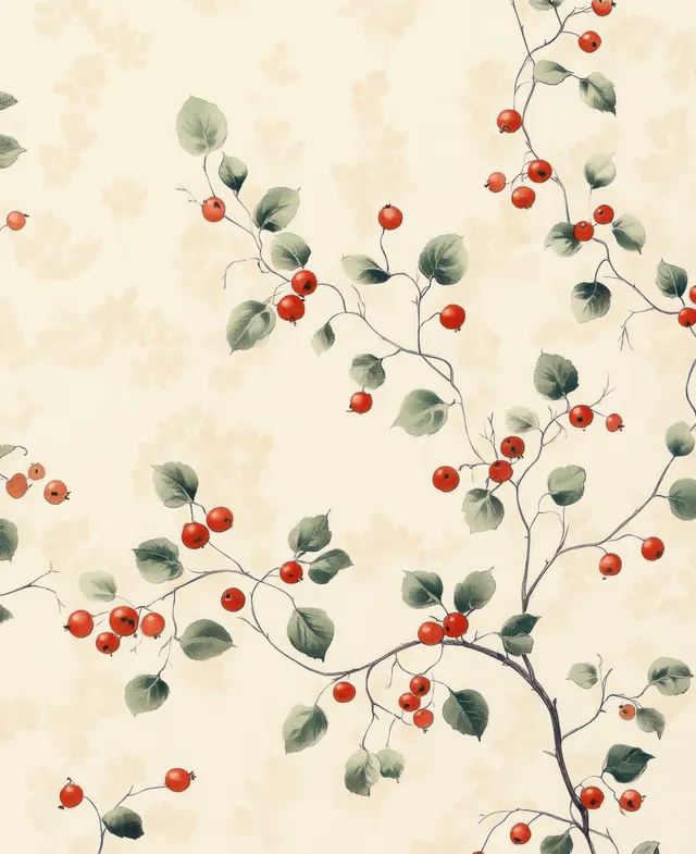 Branch pattern with green eucalyptus leaves and small red berries on light beige
