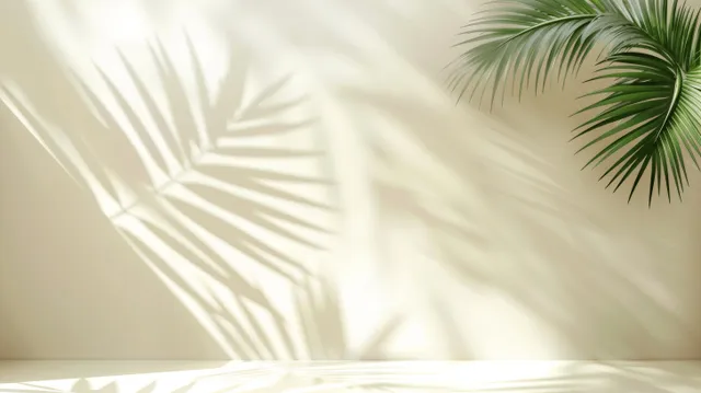 Tropical palm leaf shadows on cream wall with empty copy space for product display