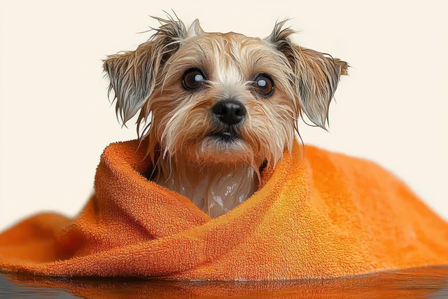 A small wet dog wrapped in an orange towel looks up with wide attentive eyes on a plain light background.