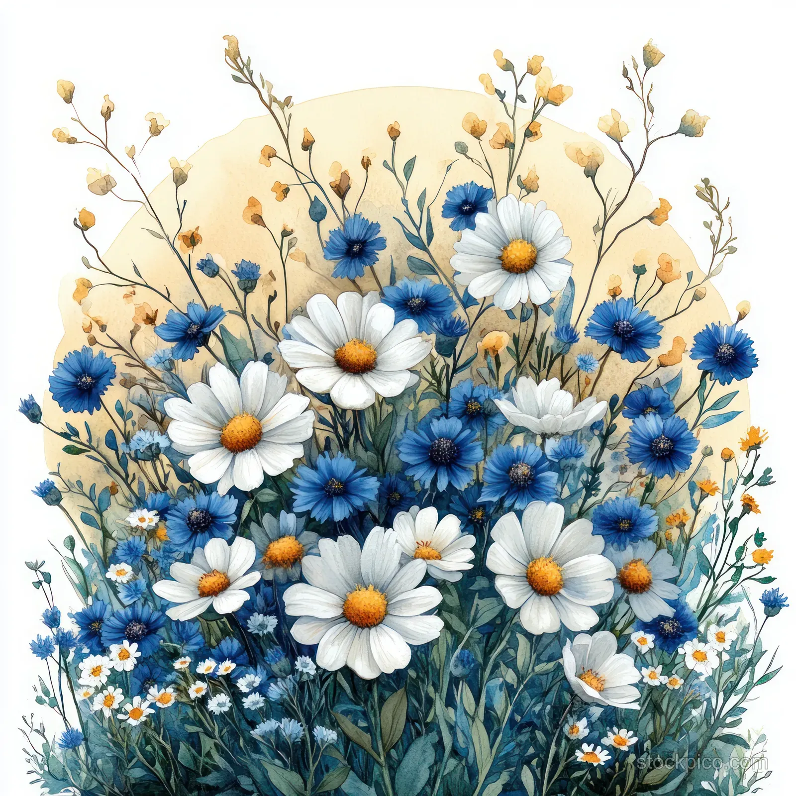 Watercolor circular wreath of white daisies and blue cornflowers with yellow buttercups on a white background.