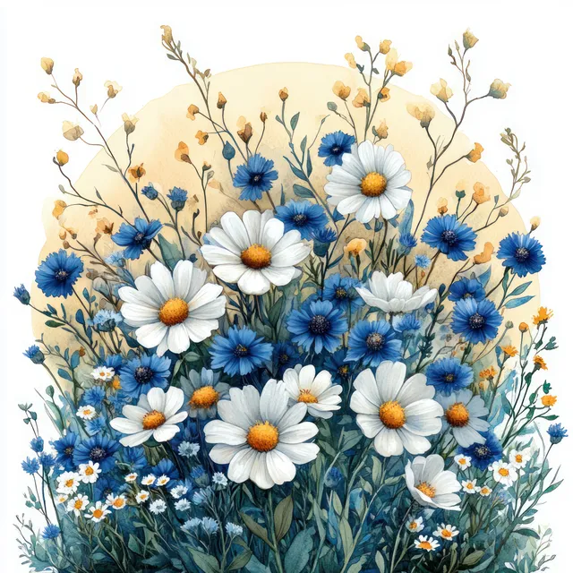 Watercolor wildflower wreath with daisies and cornflowers in a circular frame on white