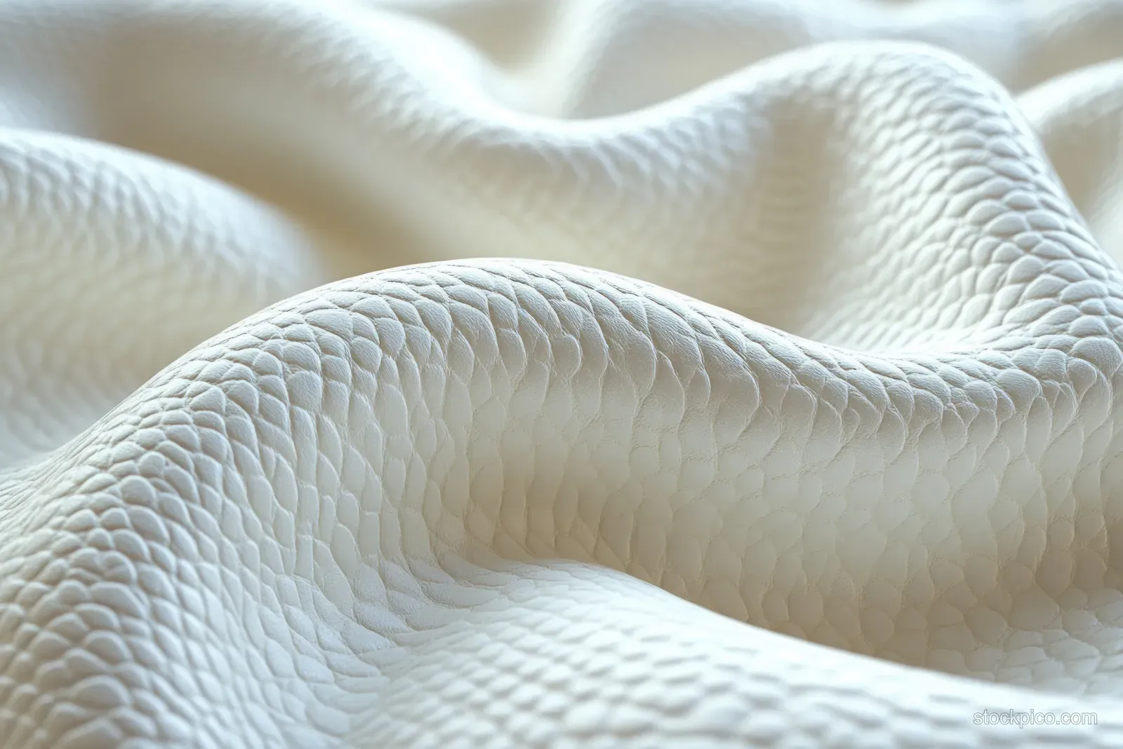 White leather surface close-up with embossed grain pattern across a soft curved fold.