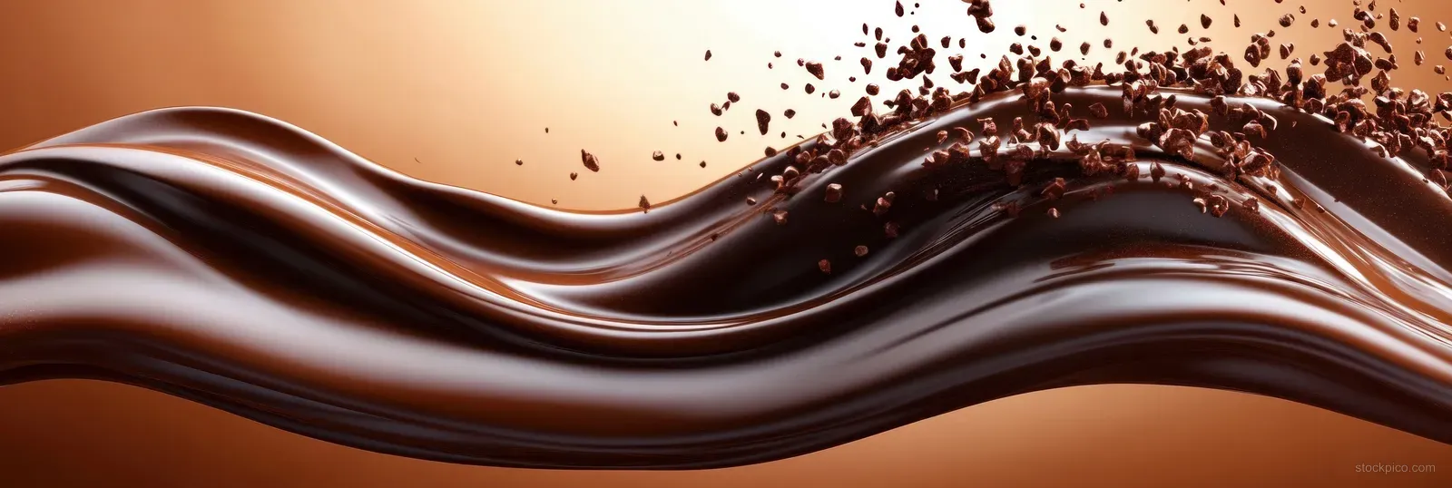 Dark melted chocolate waves flow across a warm brown background while chocolate pieces scatter through the air.