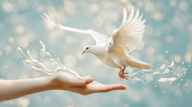 A white dove flying from an open hand with sparkling bokeh lights in the blue background.