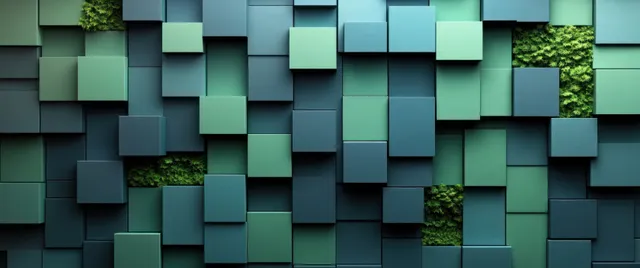 Overlapping cube tiles on a table with soft shadows and green gradient lighting