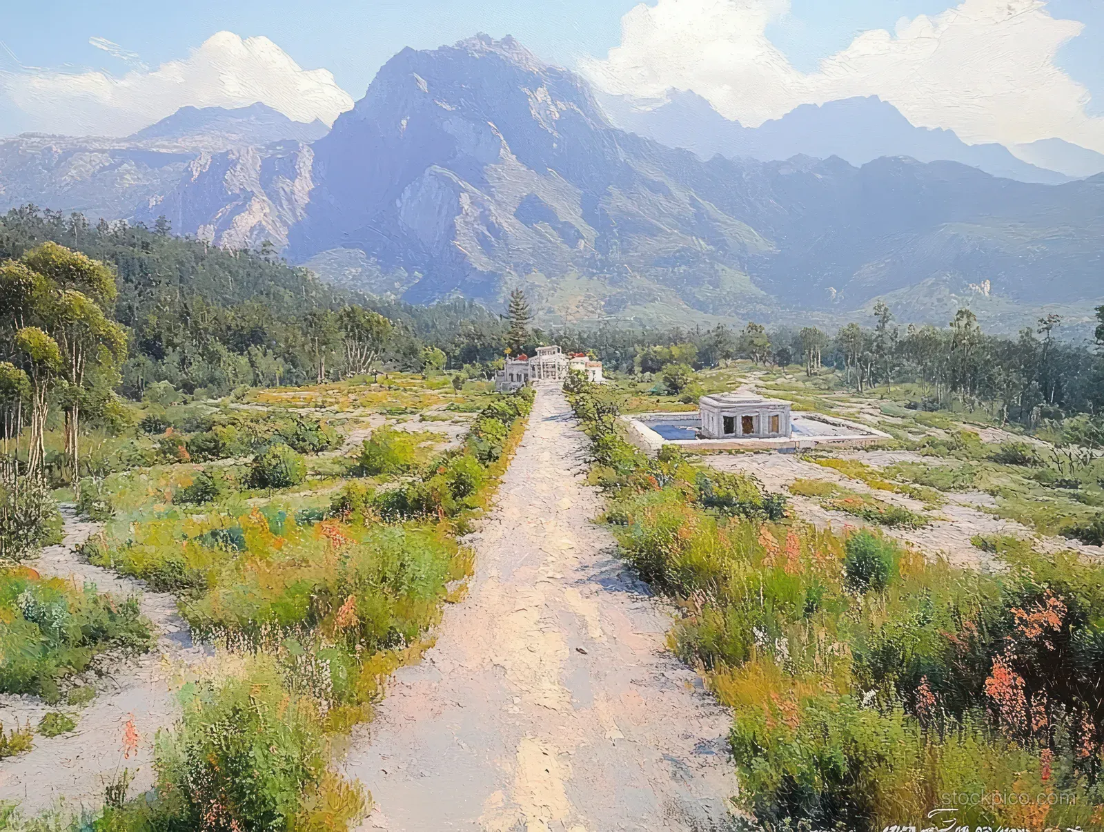 Aerial view shows a dirt path beside an abandoned bunker near Kaliadem, with Mount Merapi in the background.
