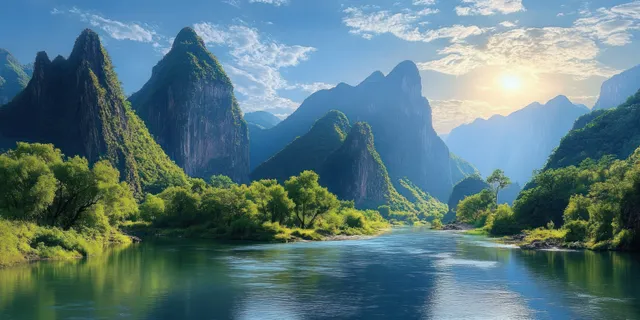 Serene river curves through lush green valley with steep jagged limestone peaks and sunrise sunlight reflecting on the water.