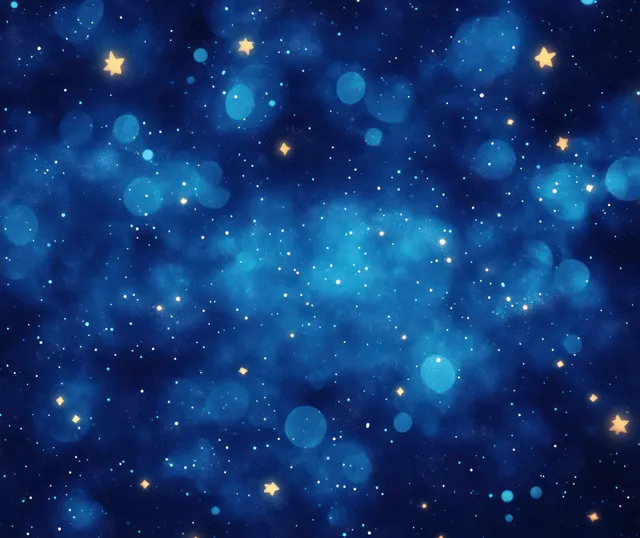 Watercolor night sky background with glowing stars and blue bokeh circles across a soft nebulous blue haze.