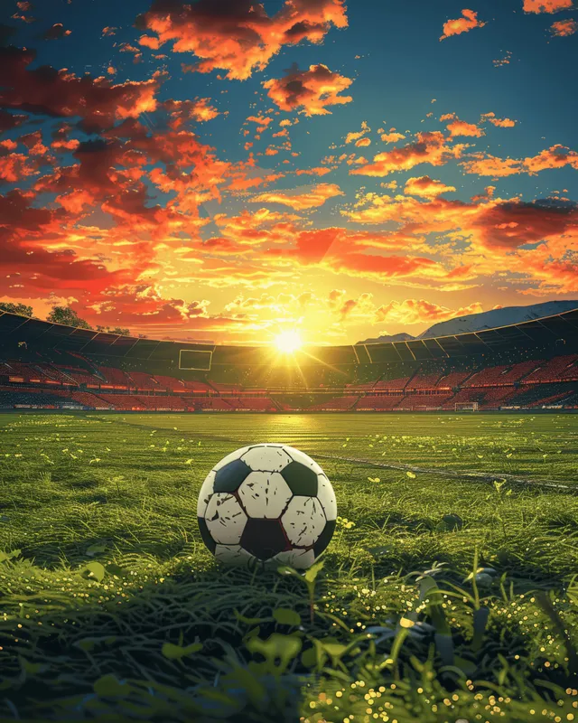 Impressionist sunset soccer stadium with a ball on grass, front view