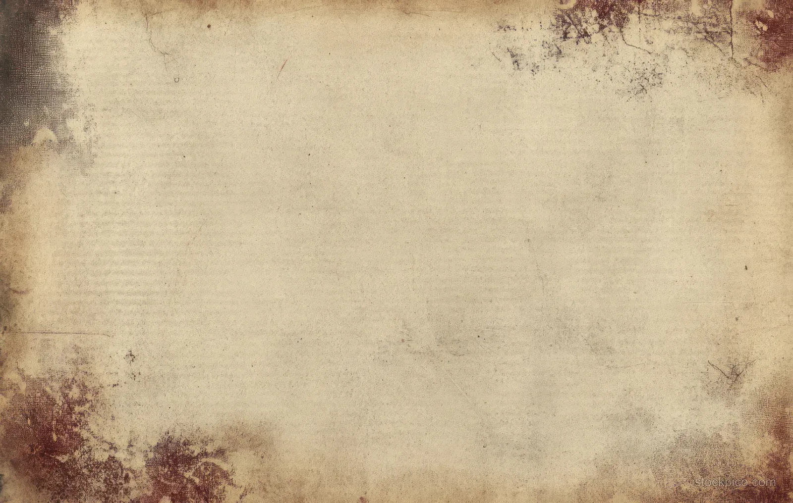 Sepia parchment paper background with faded stains, speckles, and worn edges.