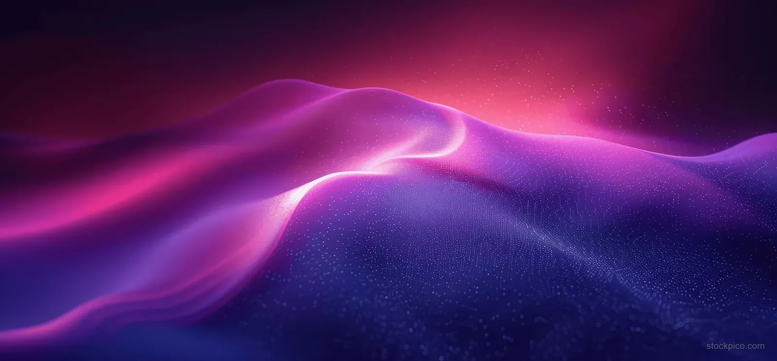 Purple and blue gradient night sky background with neon glowing wave ribbons and grainy noise texture.