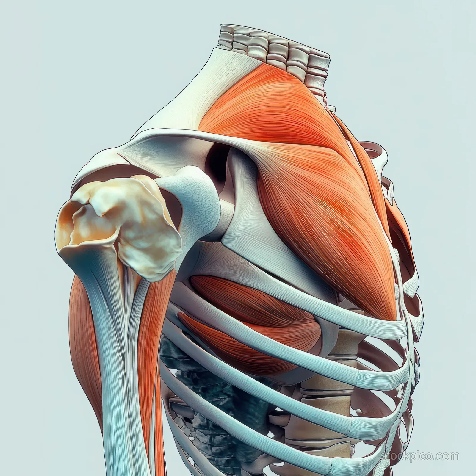 Side-view medical illustration of the shoulder joint with highlighted deltoid muscle over the ribcage.