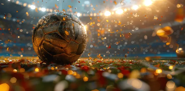 Golden soccer ball on stadium grass with confetti and bright lights