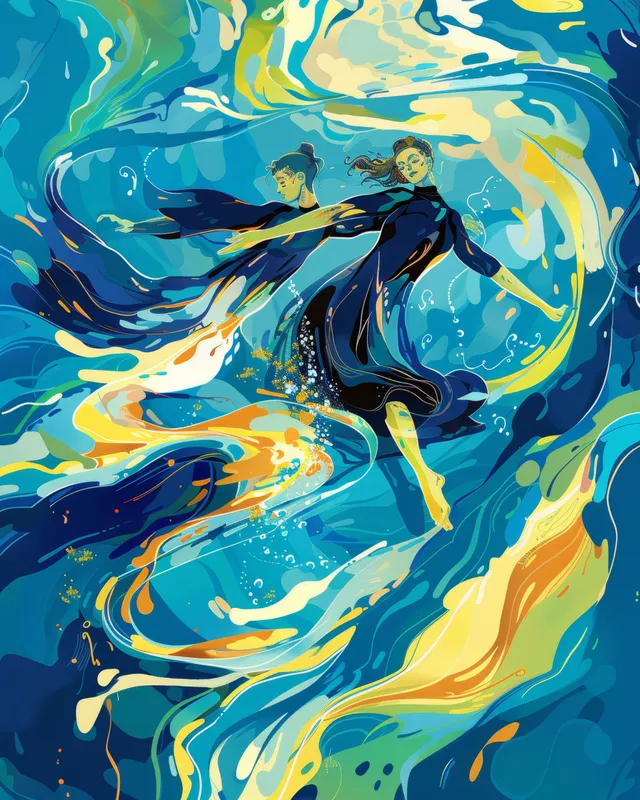Two synchronized swimmers glide in a pool, their arms and legs forming a flowing swirl of blue and yellow water.