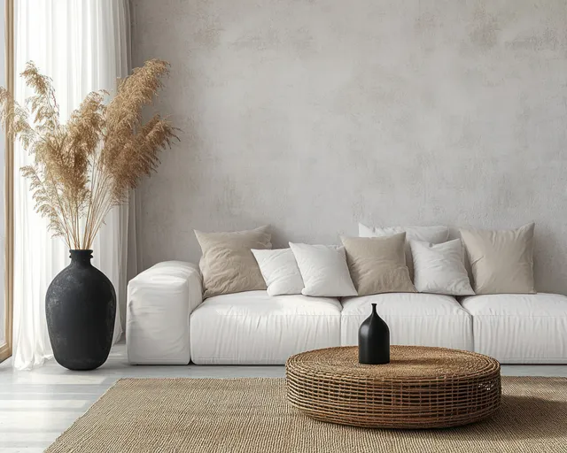 A white sofa and round rattan coffee table sit in a sunlit minimalist living room with a black vase and dried grasses.