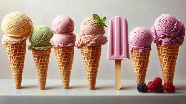 Colorful ice cream scoops in waffle cones and a pink popsicle with fresh berries on a white surface.