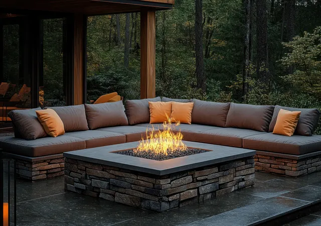 Orange-cushioned sectional sofa wraps around a stone fire pit with flames on a modern patio in a wooded forest at dusk.