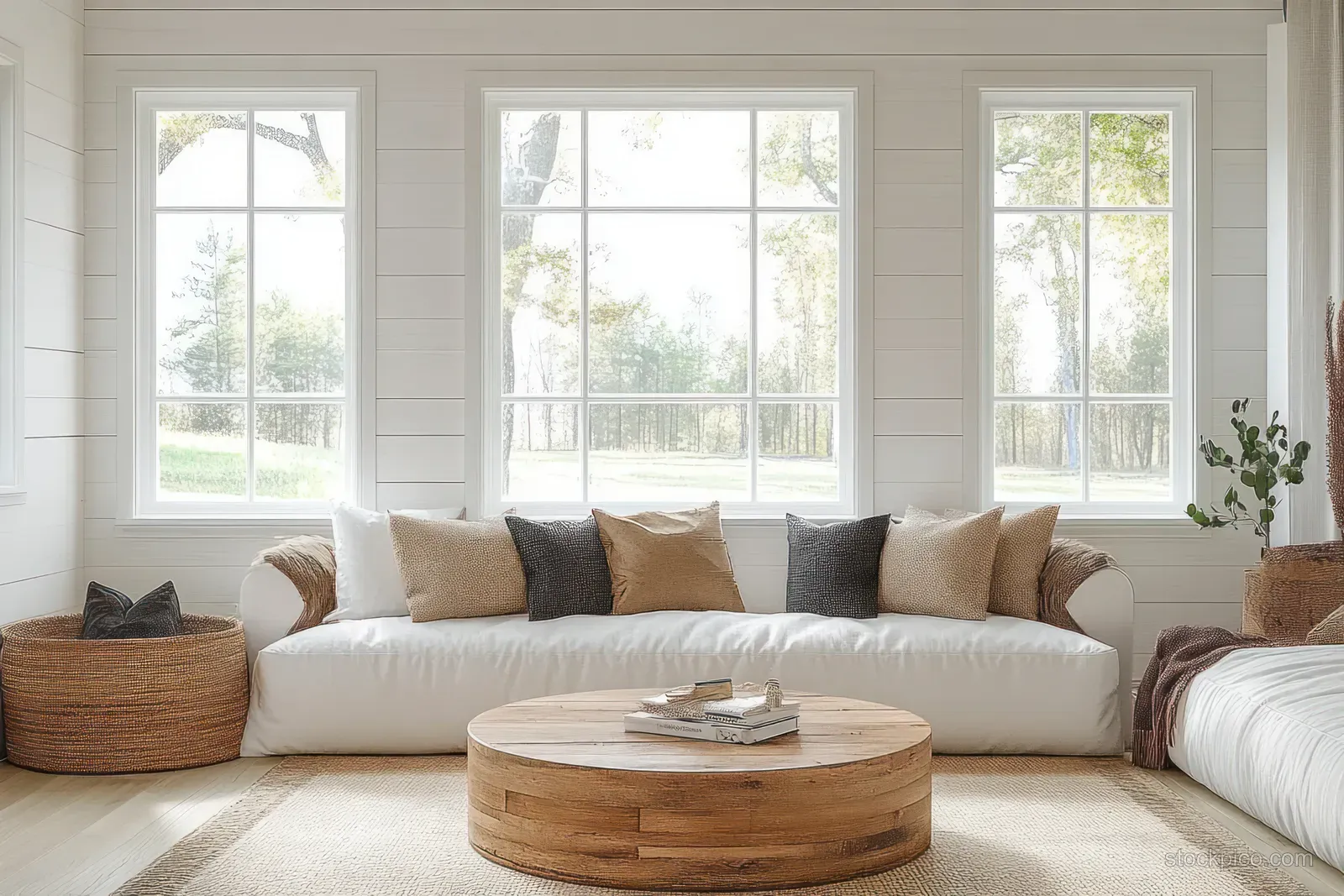 Sunlit Scandinavian living room with a white sofa, plush cushions, and a round wooden coffee table in front of large windows.
