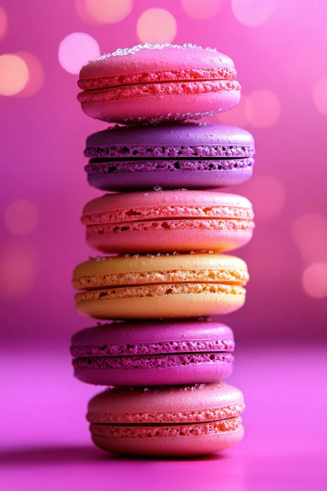 Stack of Colorful Macarons on Pink Background with Soft Bokeh