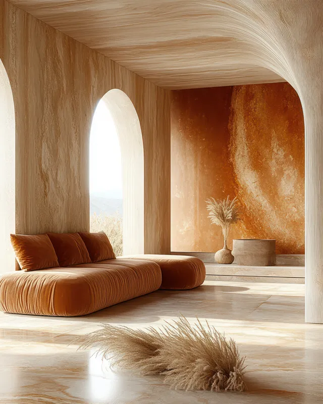Plush orange sofa in a warm modern living room with arched opening, curved ceiling, pampas grass, and a pedestal vase.