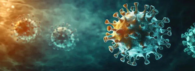 3D coronavirus particles with spike proteins floating in misty teal biobackground